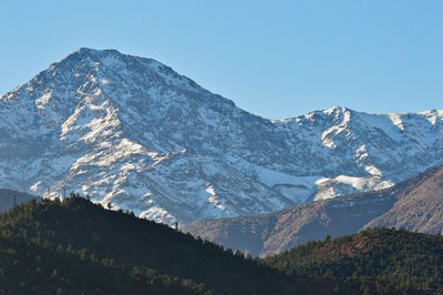 Scenic view of snowcapped mountains against clear sky