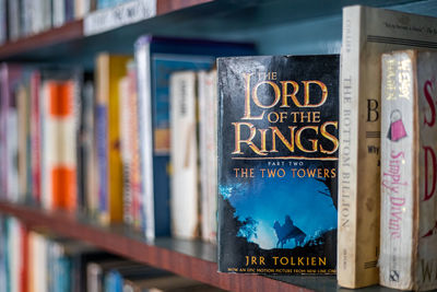 Close-up of books on shelf