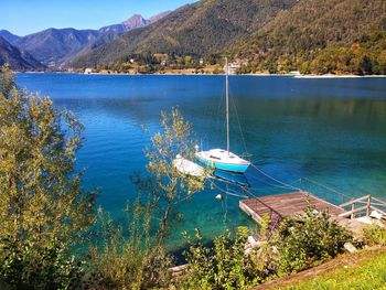 High angle view of lake against mountains