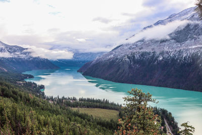 Scenic view of lake and mountains against sky