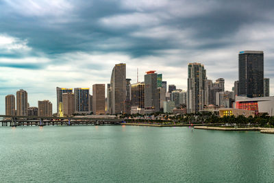 Downtown skyline of the city of miami illuminated at dusk.