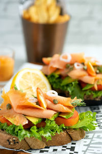 Close-up of meal served on table