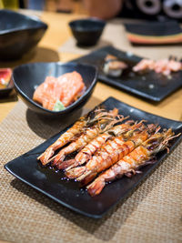 High angle view of shrimp in plate on table