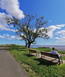 Rear view of man sitting on bench by road against sky