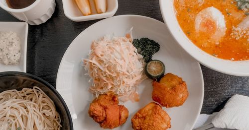 High angle view of food served on table