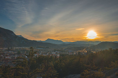 High angle view of townscape against sky during sunset