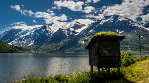 Scenic view of lake with mountains in background