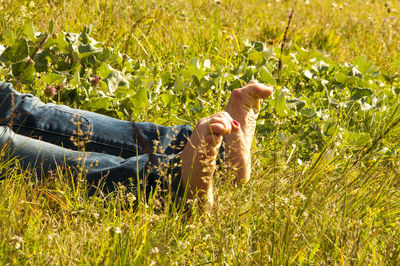 Low section of woman relaxing on grassy field