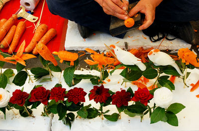 High angle view of pumpkins on display