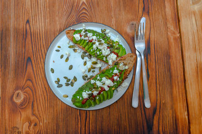 High angle view of breakfast on table