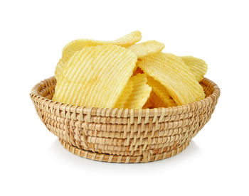 Close-up of yellow basket against white background