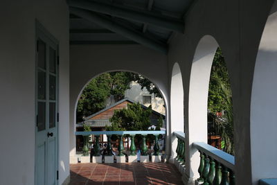Modern building seen through arch