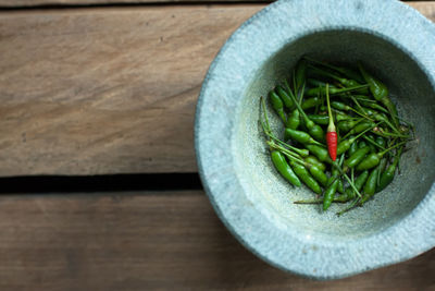 High angle view of chopped vegetables in bowl on table