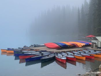 Row of boats moored in a foggy lake