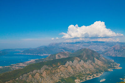 Scenic view of sea and mountains against blue sky