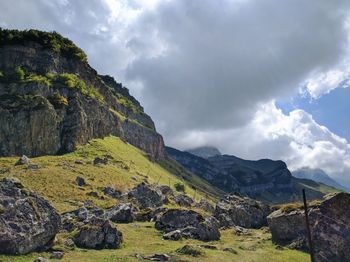 Scenic view of rocky mountains against sky