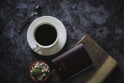 High angle view of coffee on table