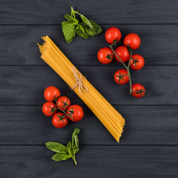 High angle view of cherry tomatoes on table