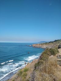 Scenic view of sea against clear blue sky