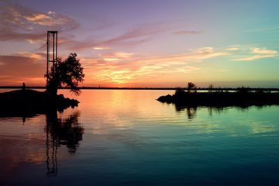 Silhouette plants by lake against sky during sunset