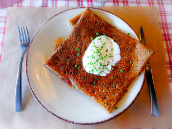 High angle view of breakfast served on table