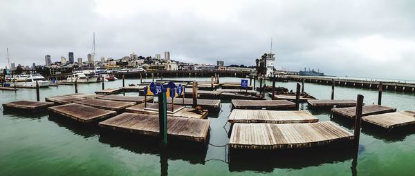 Panoramic view of pier and river against sky