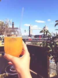 Close-up of hand holding drink against sky