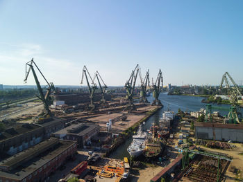 High angle view of commercial dock against sky