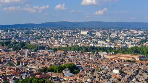 High angle shot of townscape against sky