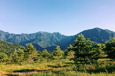 Scenic view of mountains against clear sky