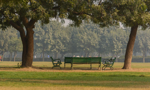 Empty bench by trees on field