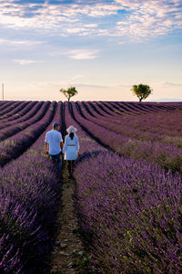 People on street amidst field against sky during sunset