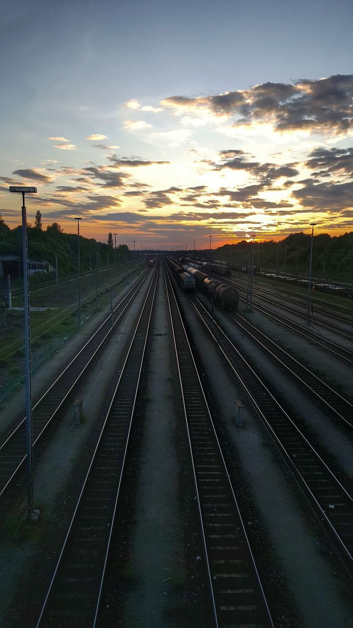 HIGH ANGLE VIEW OF RAILROAD TRACKS DURING SUNSET