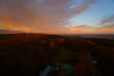 High angle view of cityscape during sunset