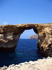 Scenic view of sea against clear blue sky