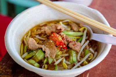 Close-up of noodles served in bowl