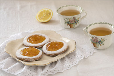 High angle view of breakfast on table