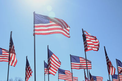 American flags blowing in the wind against blue sky