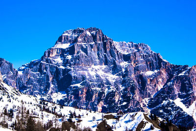 Panoramic view of snowcapped mountains against clear blue sky