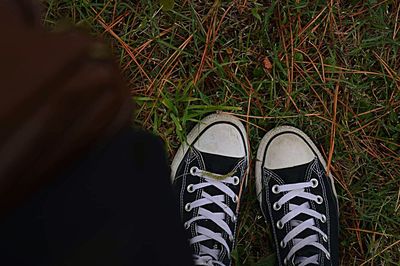 Low section of man standing on grass