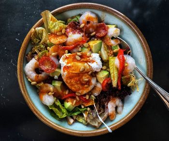 High angle view of salad in plate on table