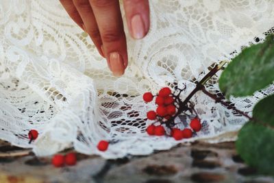 Close-up of hand over white lace