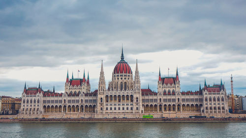 View of buildings by river against cloudy sky