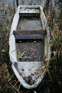 High angle view of old rusty wheel on field