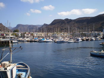 Sailboats moored on sea against sky