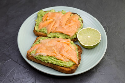 High angle view of breakfast in plate on table