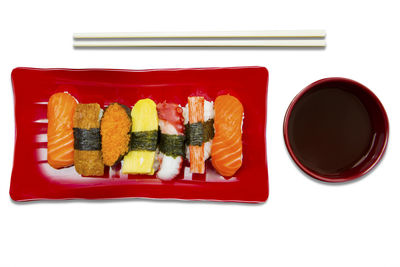 High angle view of sushi in plate