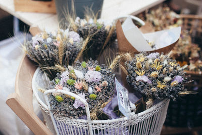 High angle view of potted plants in basket