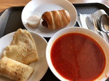 High angle view of breakfast served on table