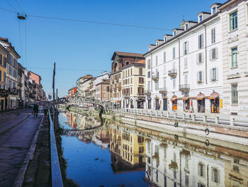 Reflection of buildings on canal in city